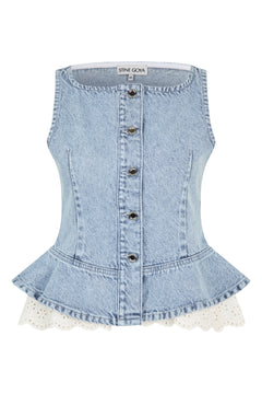 Boatneck Frill Buttoned Top - Denim Blue