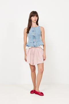 Boatneck Frill Buttoned Top - Denim Blue