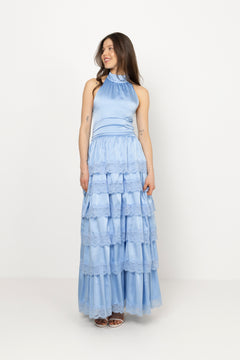 Ingalu Satin Lace Maxi Dress - Light Blue