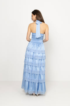 Ingalu Satin Lace Maxi Dress - Light Blue