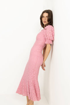 Lace Puff Sleeve Dress - Sea Pink