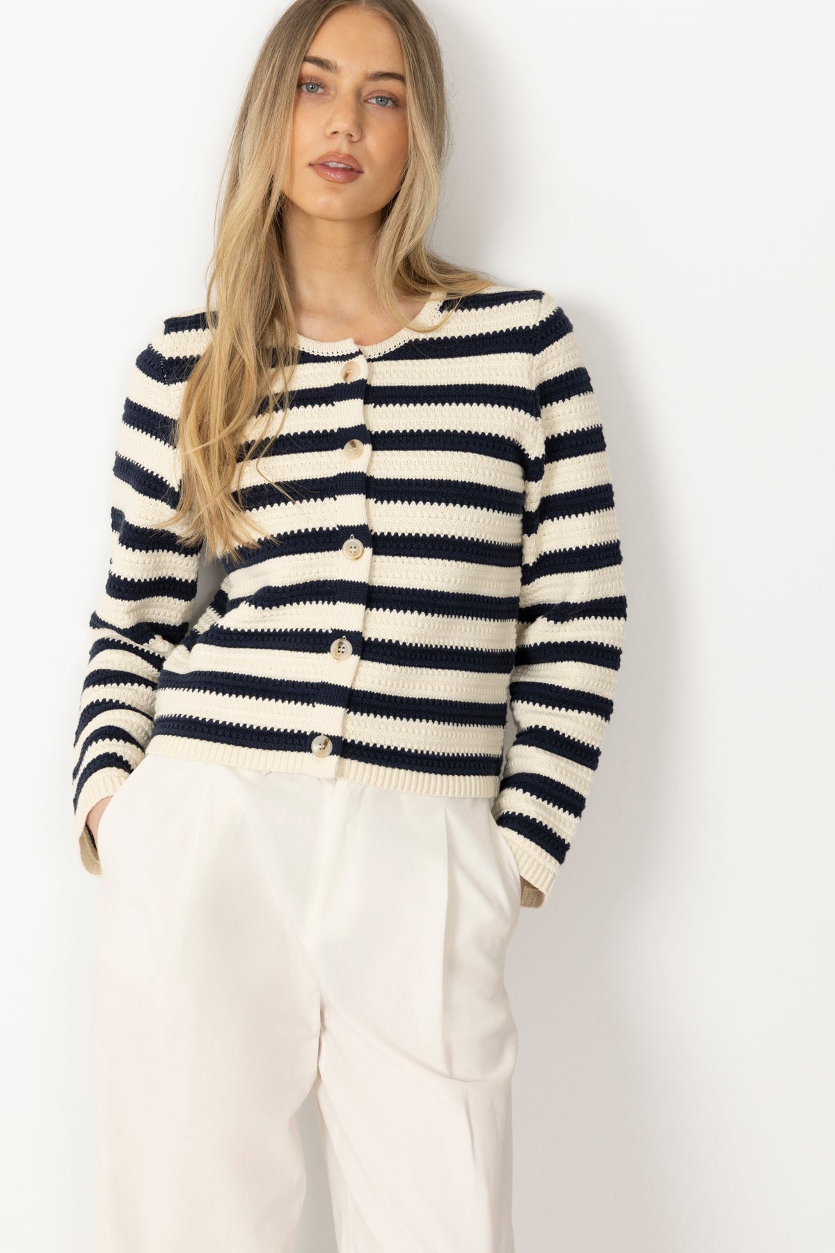 Emily Cotton Knit Cardigan - Creme/Navy