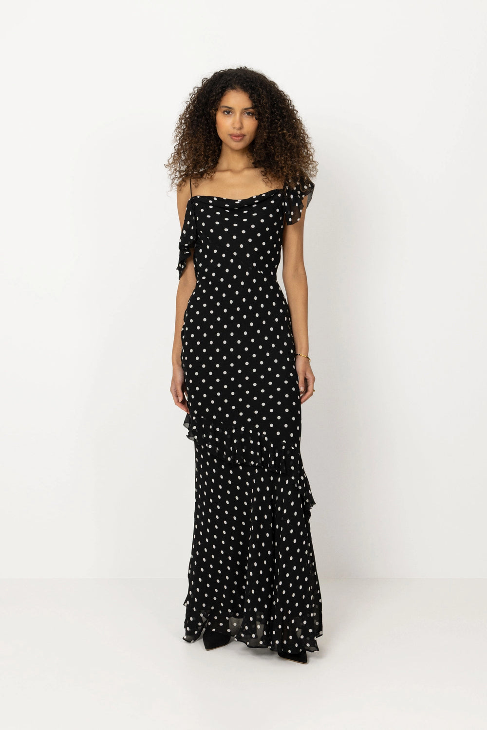 Polka Dot Georgette Maxi Dress - Black