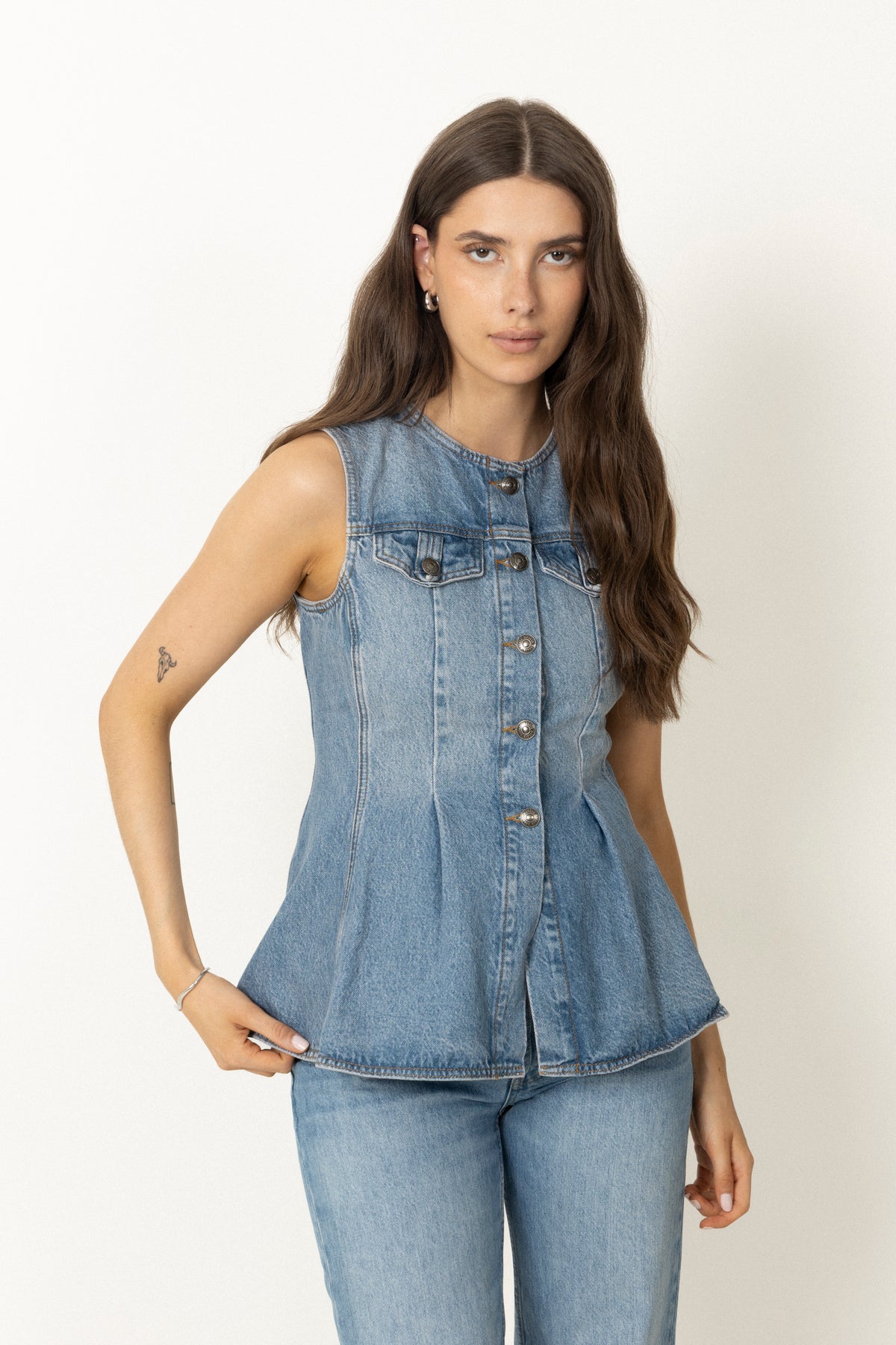 Flared Denim Top - Medium Blue Denim