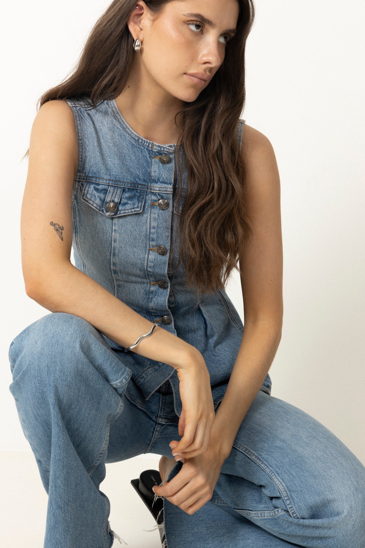 Flared Denim Top - Medium Blue Denim