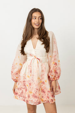 Runa Button Floral Mini Dress - Light Pink Floral