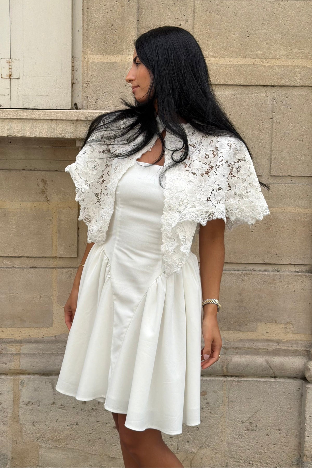Aurora Linen Cape Mini Dress - White