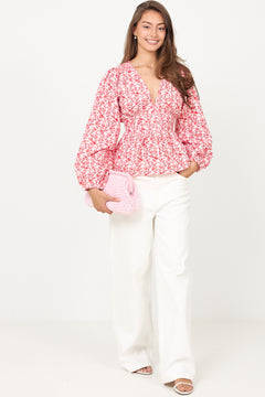 Rosine Linen Top - White/Red