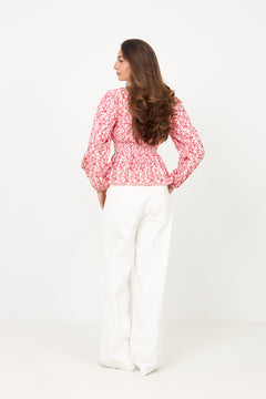 Rosine Linen Top - White/Red