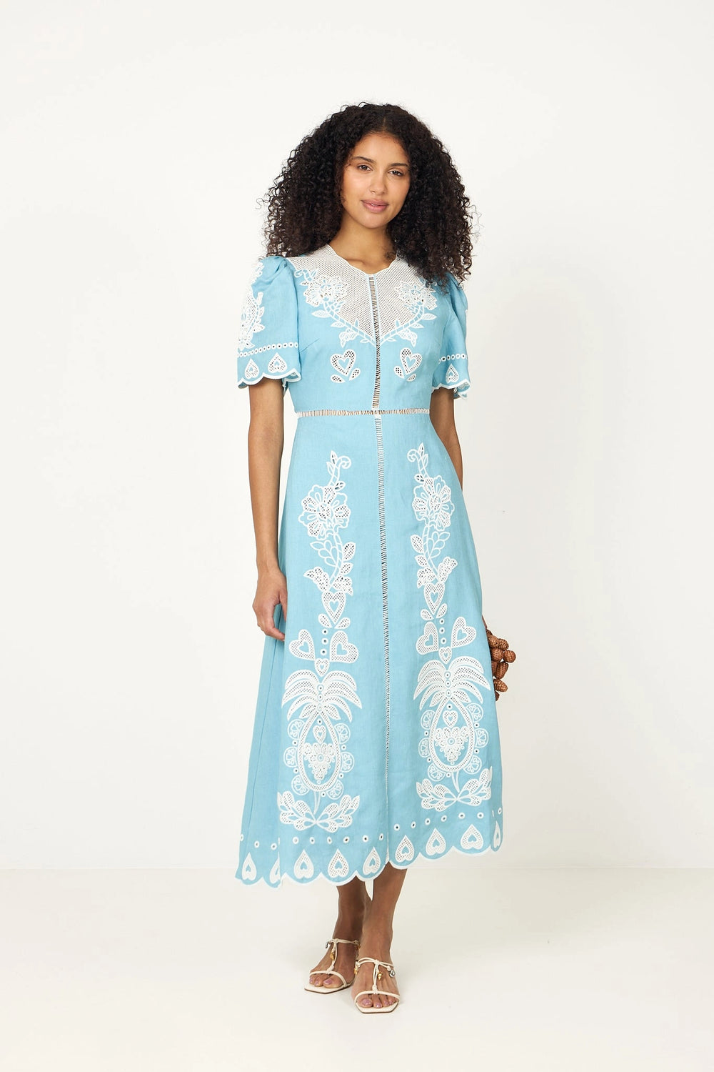Embroidery Short Sleeve Midi Dress - Light Blue