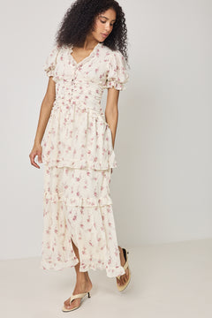 Arielic Long Dress - Off White Vintage Rose