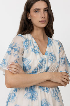 Evangelia 2/4 Dress Aop - M Blue Flower