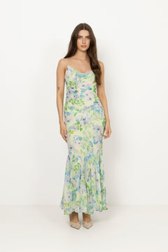 Amaia Chiffon Slip Maxi Dress - Pastel Floral Pistachio