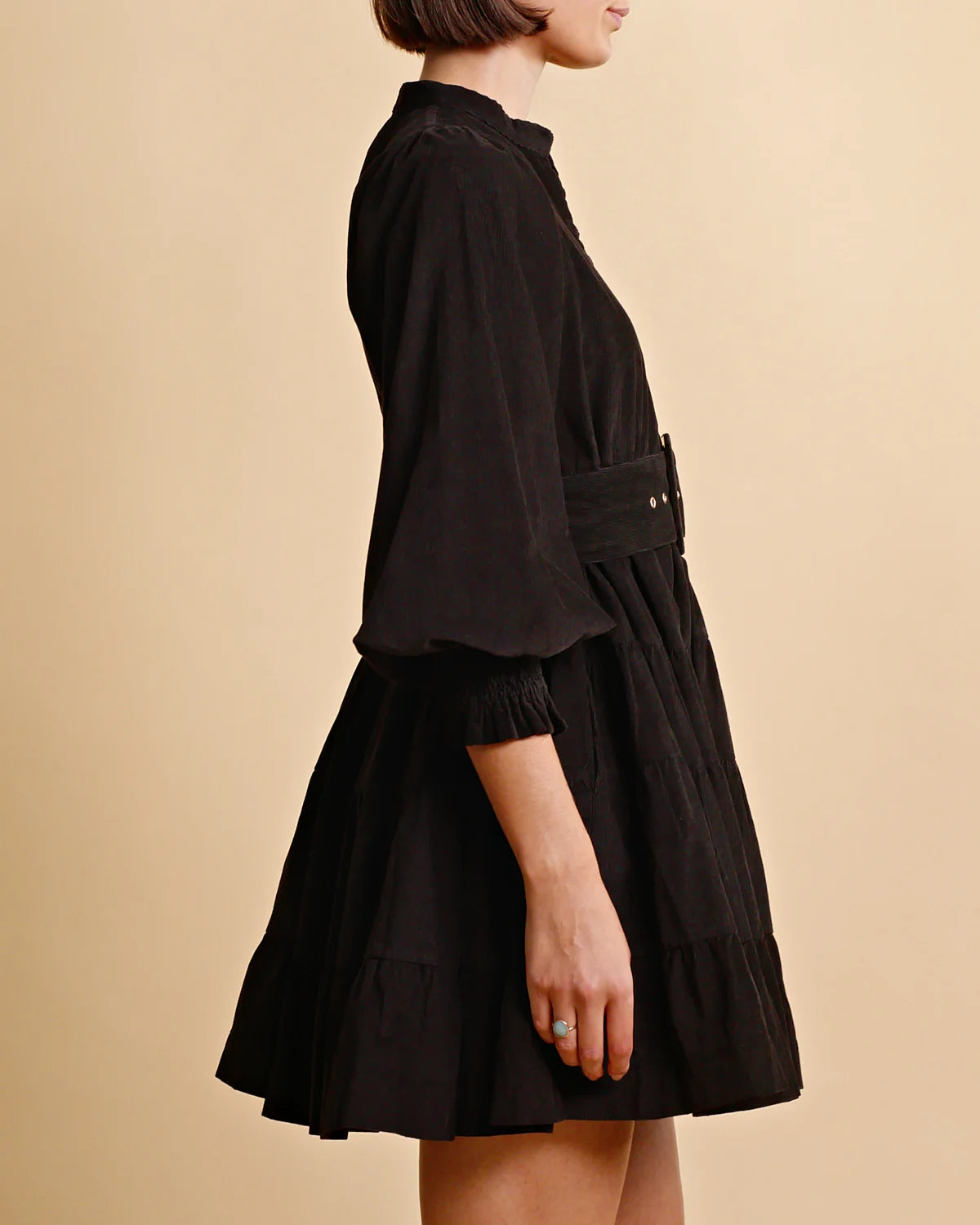 Baby Cord Belt Dress - Black