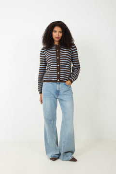 N-Mertice Knit Cardigan - Brown Blue Stripe