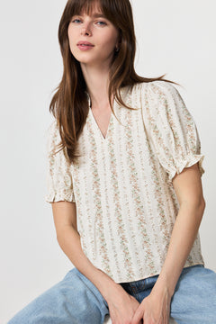 Odesa Floral Stripe Blouse - Creme