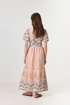 Moviana Flower Border Dress - Flower Peach