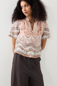 Torana Flower Border Blouse - Flower Peach