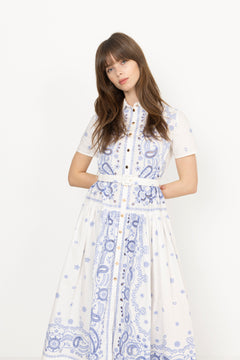 Embroidered Midi Dress - White And Blue