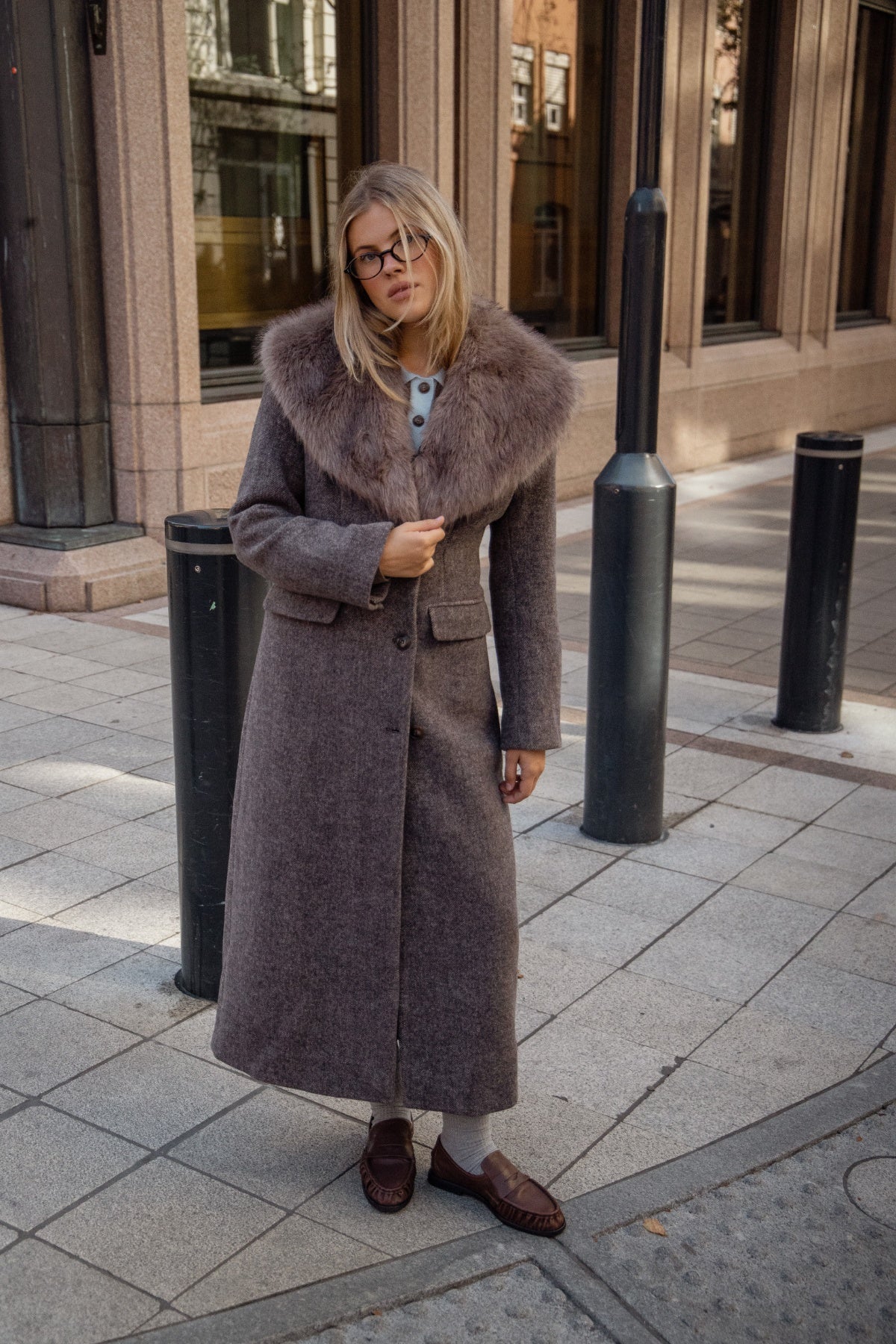 Elsie Wool Faux Fur Coat - Brown
