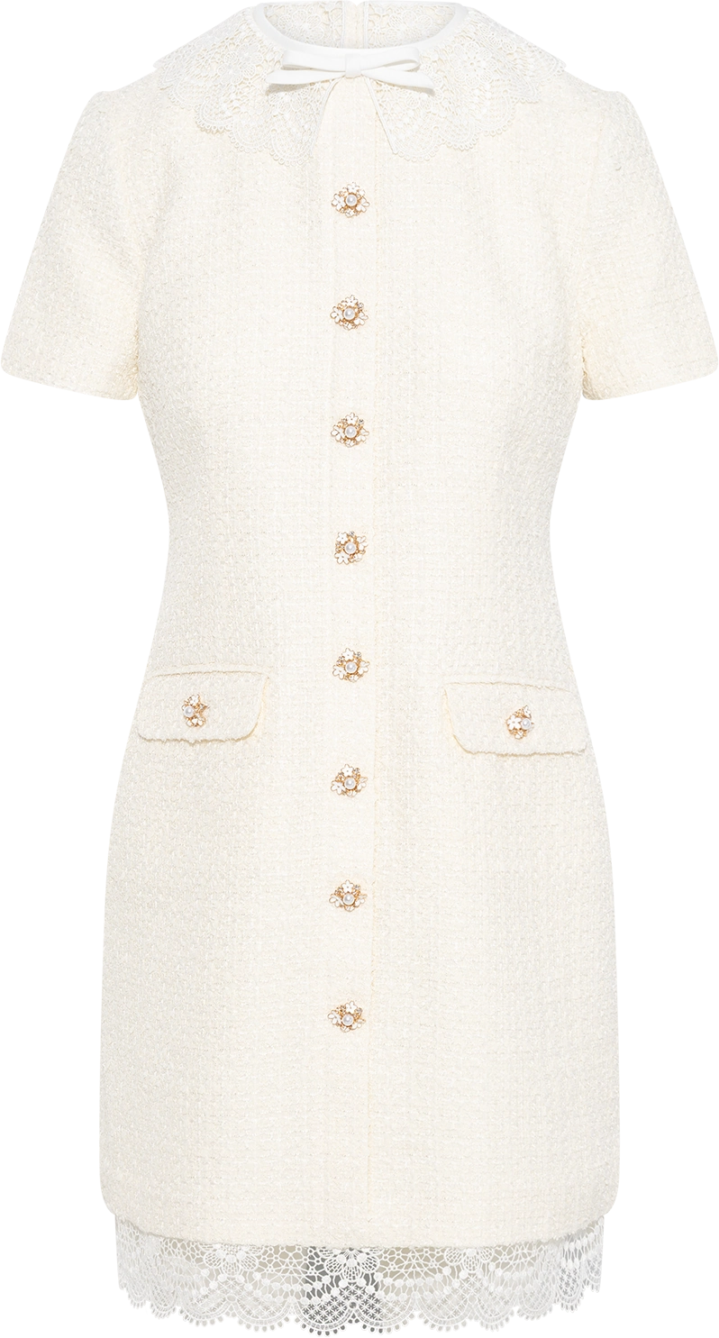 Boucle Lace Trim Mini Dress - Cream