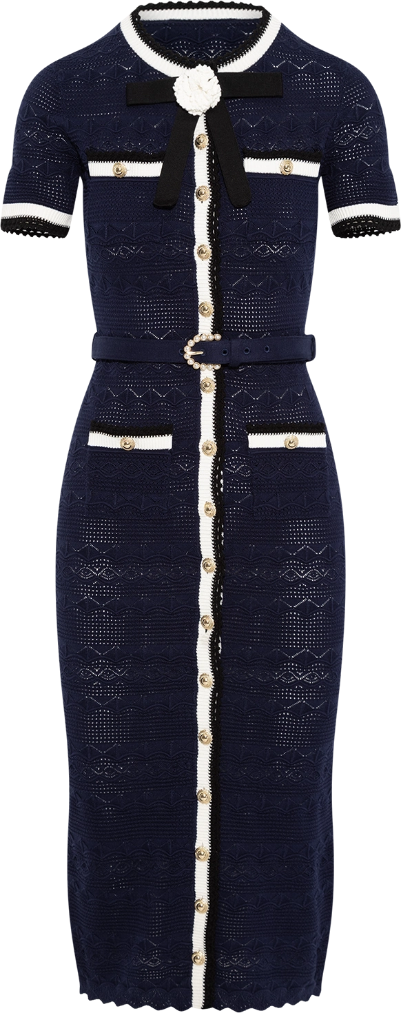 Pointelle Knit Midi Dress - Navy
