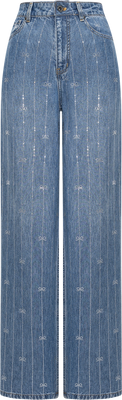 Rhinestone Stripe Denim Jeans - Light Blue