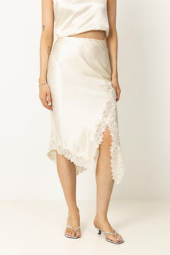 Heylin Asymmetric Lace Hem Midi Skirt - Pearl