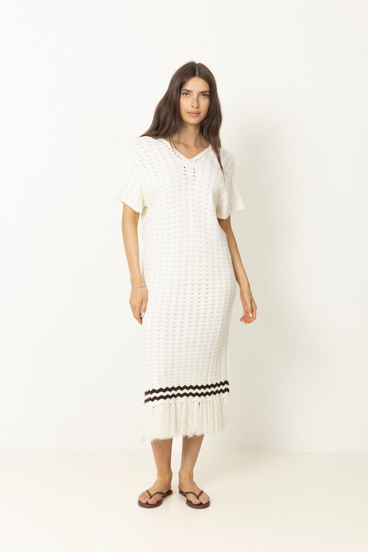 Kira Knitted Fringe Midi Dress - Vit