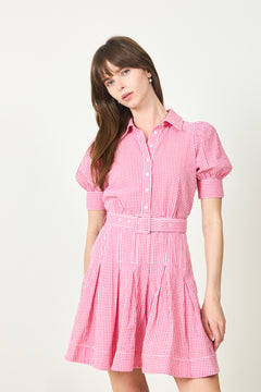 Seersucker Pleated Dress - Pink Checks