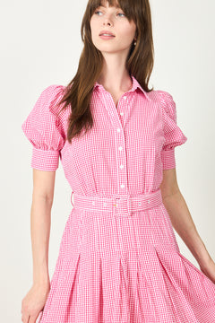 Seersucker Pleated Dress - Pink Checks
