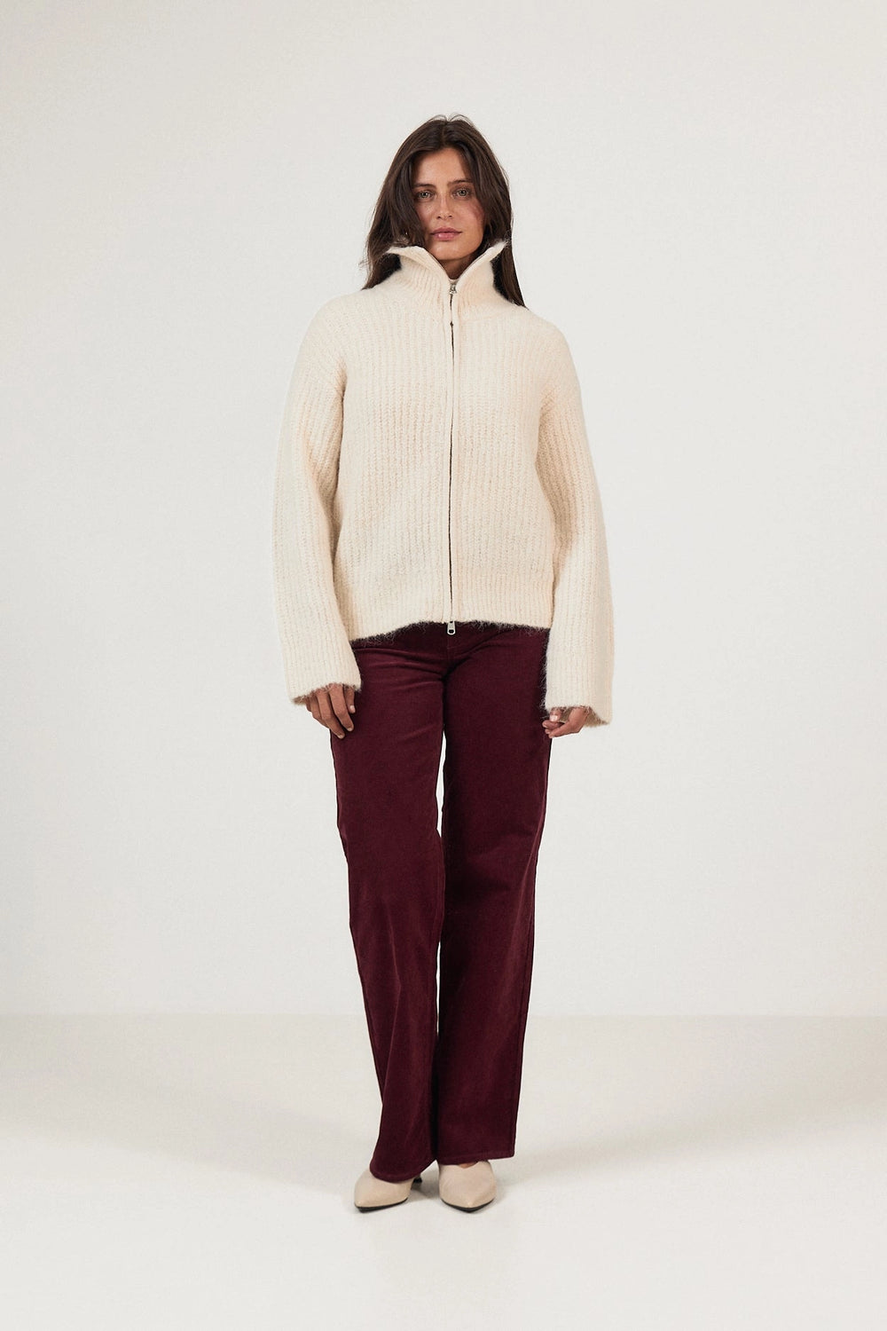 Gabriella Ls Knit Zip Cardigan - Birch
