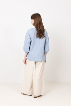 Cleo-Alberta Linen Blend Shirt - Dusty Blue Bright White