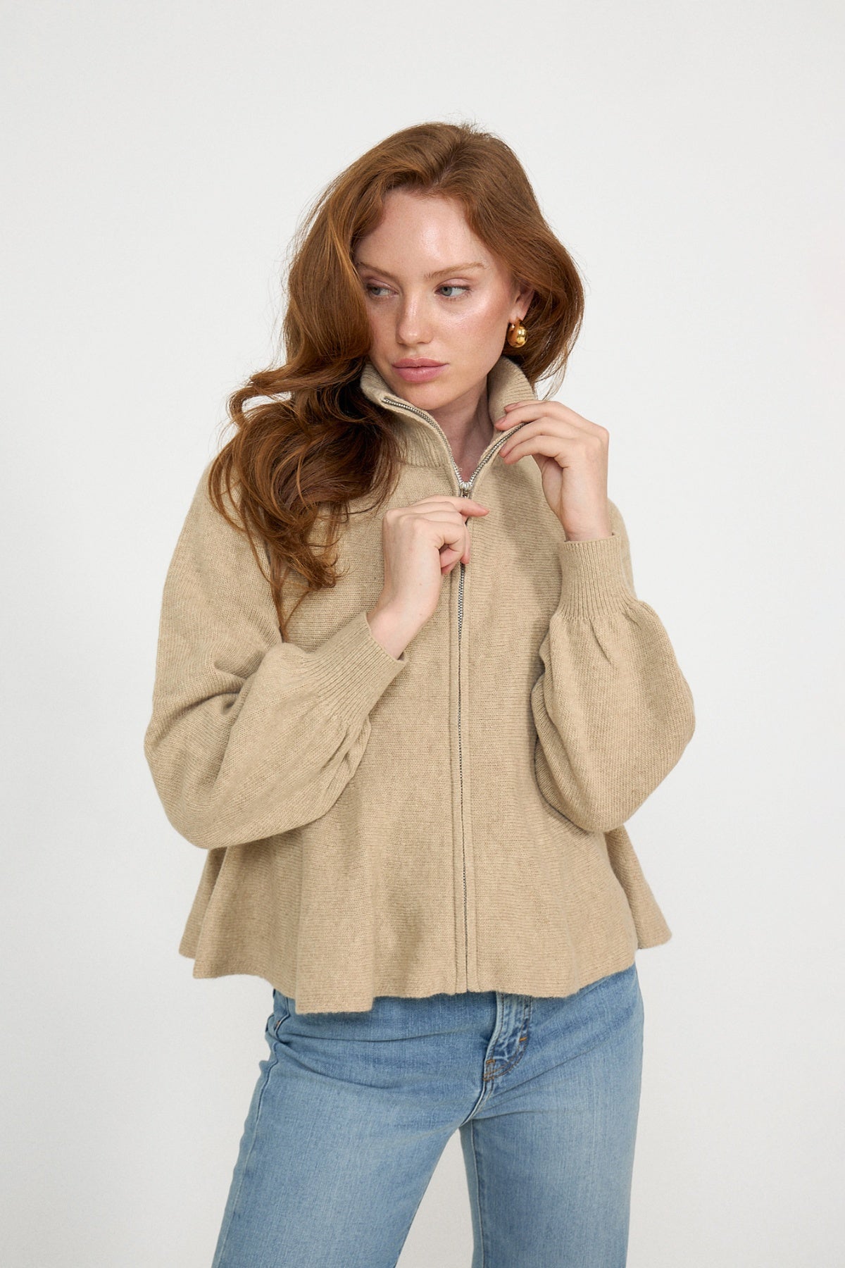 Mai Wool Zip Cardigan - Beige Melange