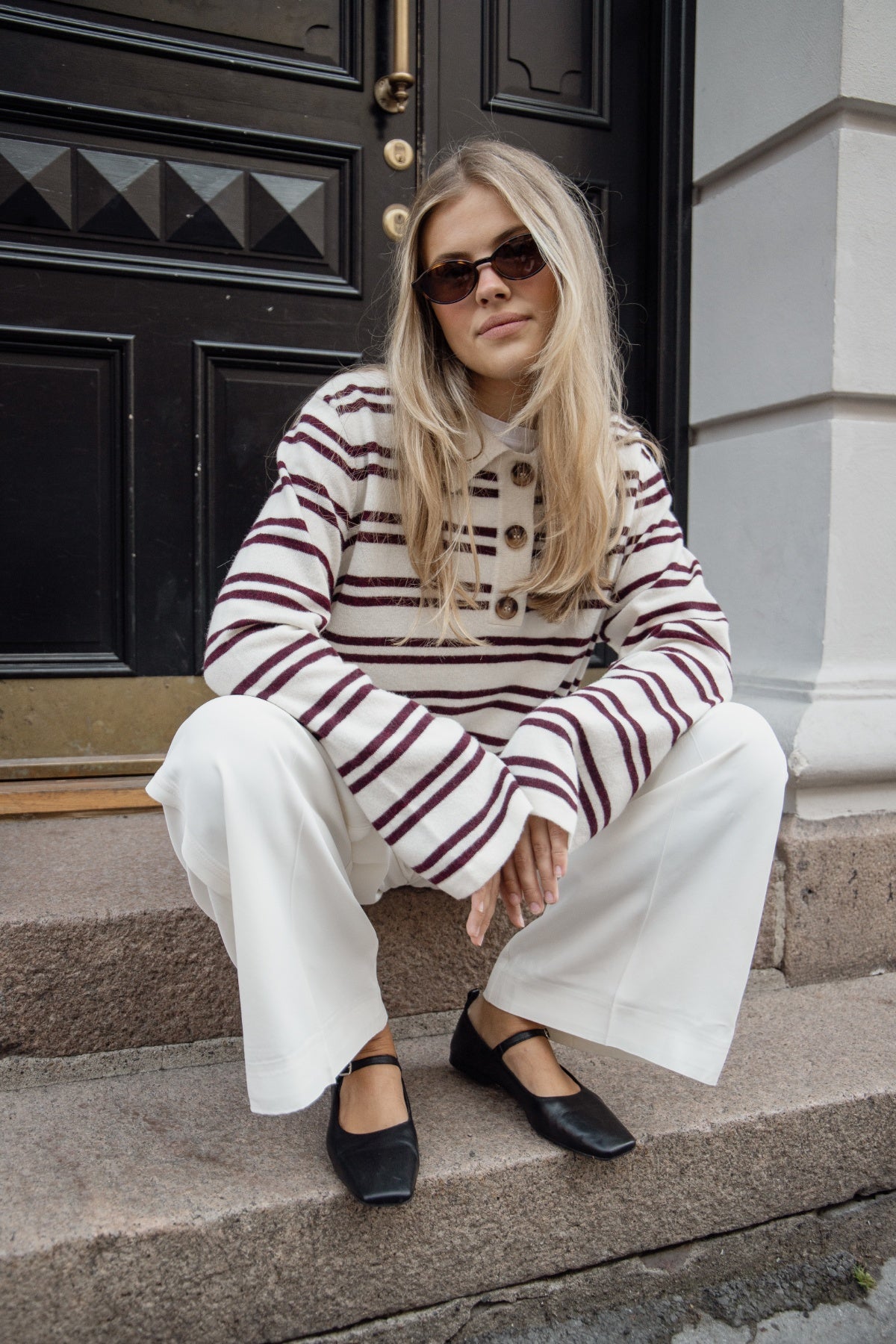 Kaja Wool Polo Sweater - Creme/Bordeaux