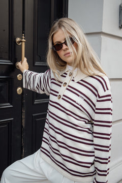 Kaja Wool Polo Sweater - Creme/Bordeaux