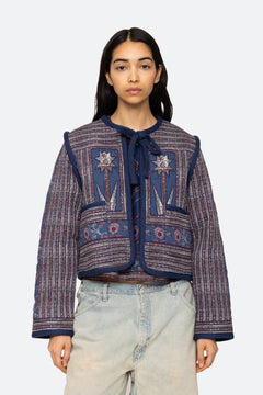Valeria Print L/Slv Quilted Coat - Navy