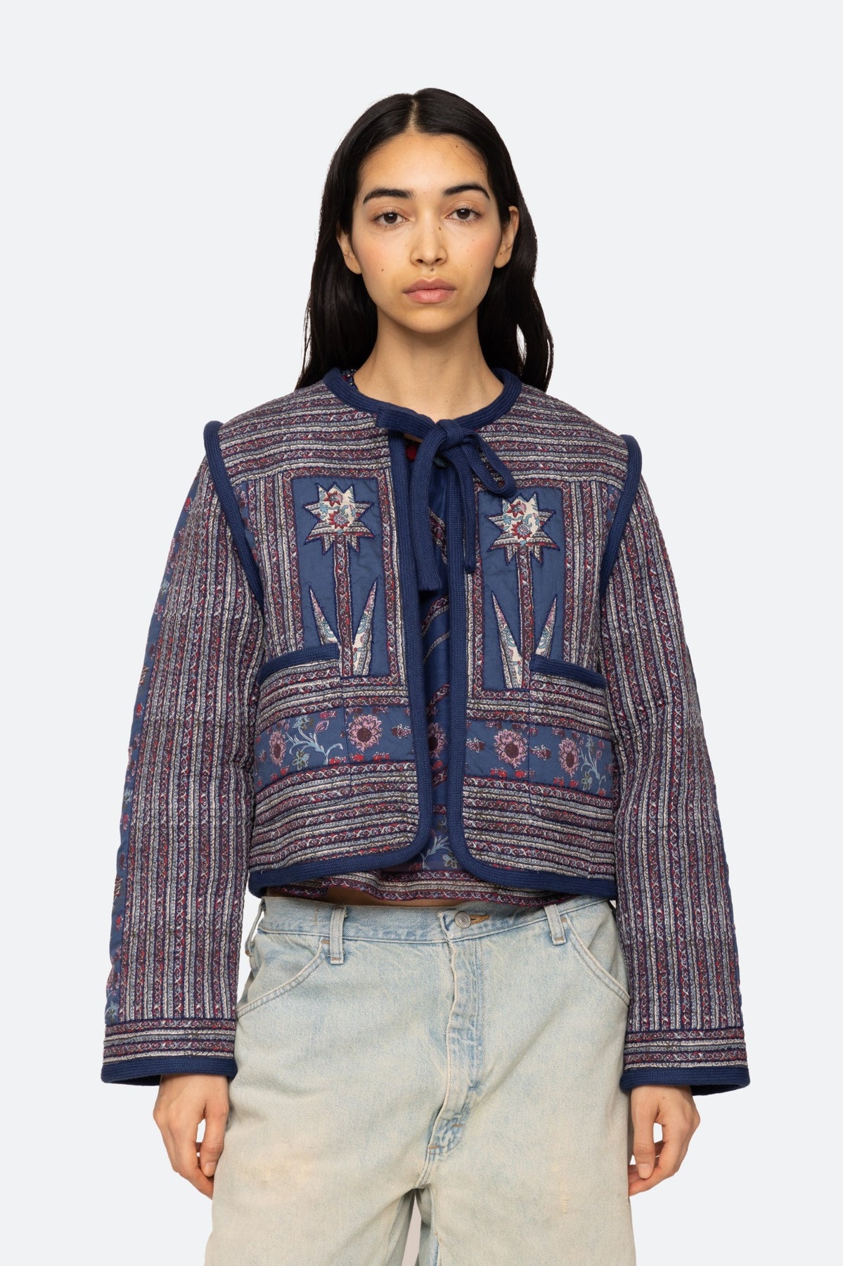 Valeria Print L/Slv Quilted Coat - Navy
