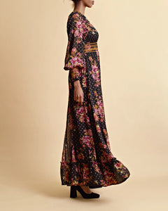 Golden Georgette Maxi Dress - Autumn Bouquet