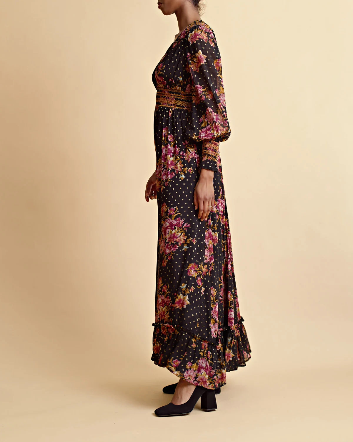 Golden Georgette Maxi Dress - Autumn Bouquet