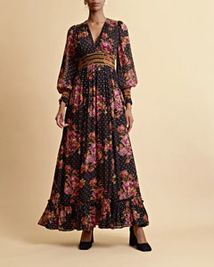 Golden Georgette Maxi Dress - Autumn Bouquet
