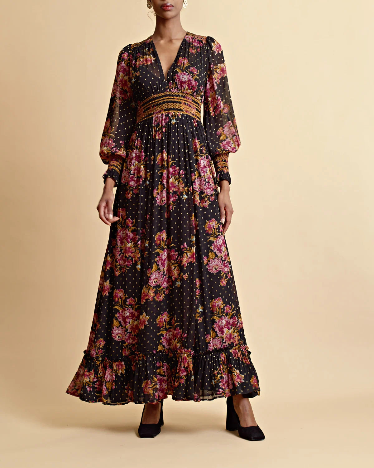 Golden Georgette Maxi Dress - Autumn Bouquet