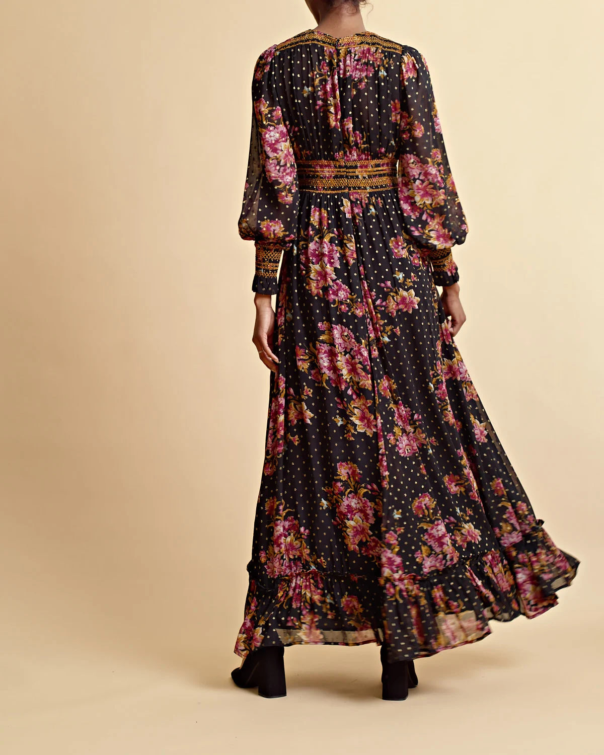 Golden Georgette Maxi Dress - Autumn Bouquet