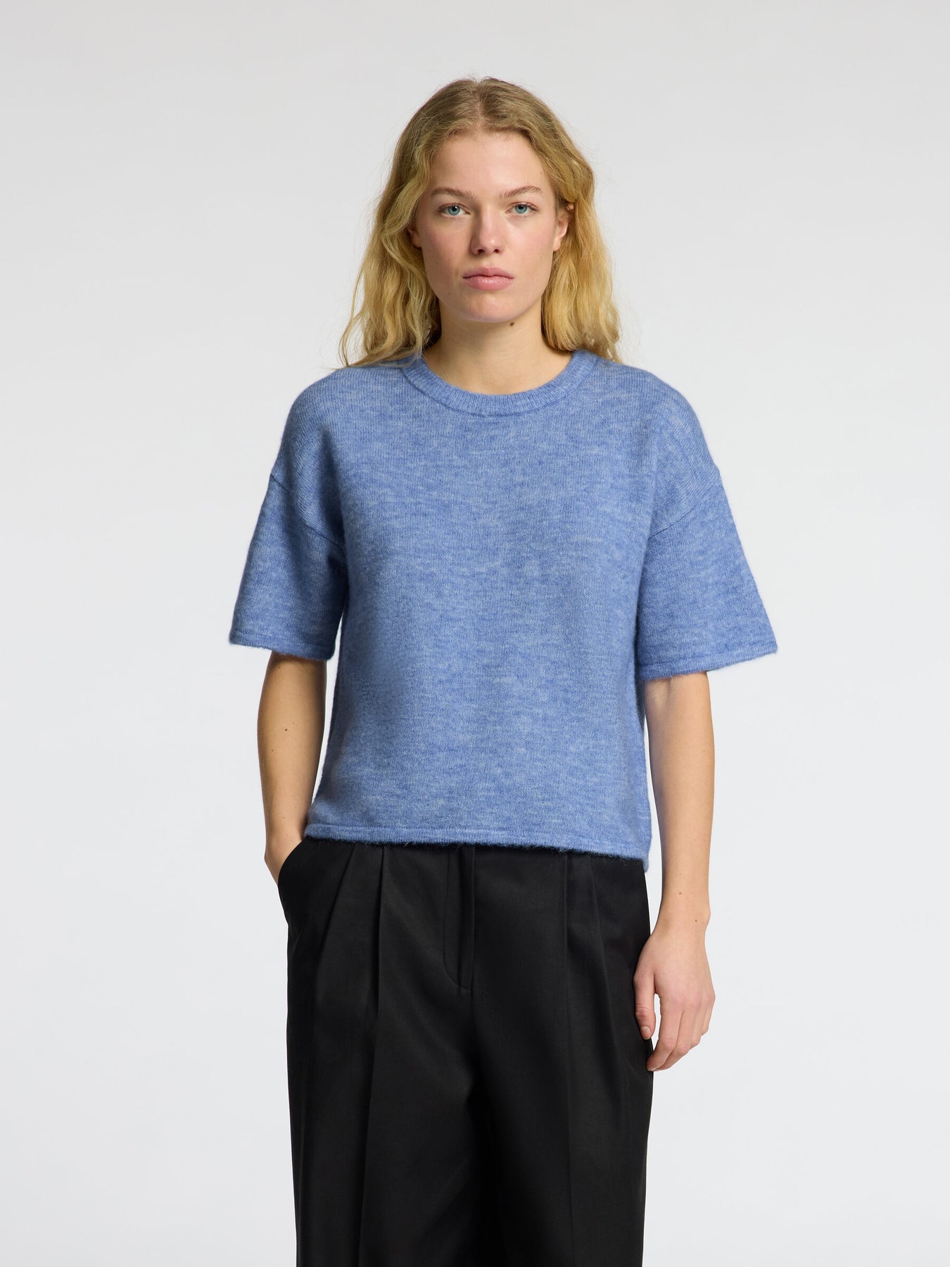 Selected Femme Maline-Liliana 2/4 Knit O-Neck - Cornflower Blue Melange