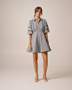 Seersucker Decorated Dress - Navy Checks