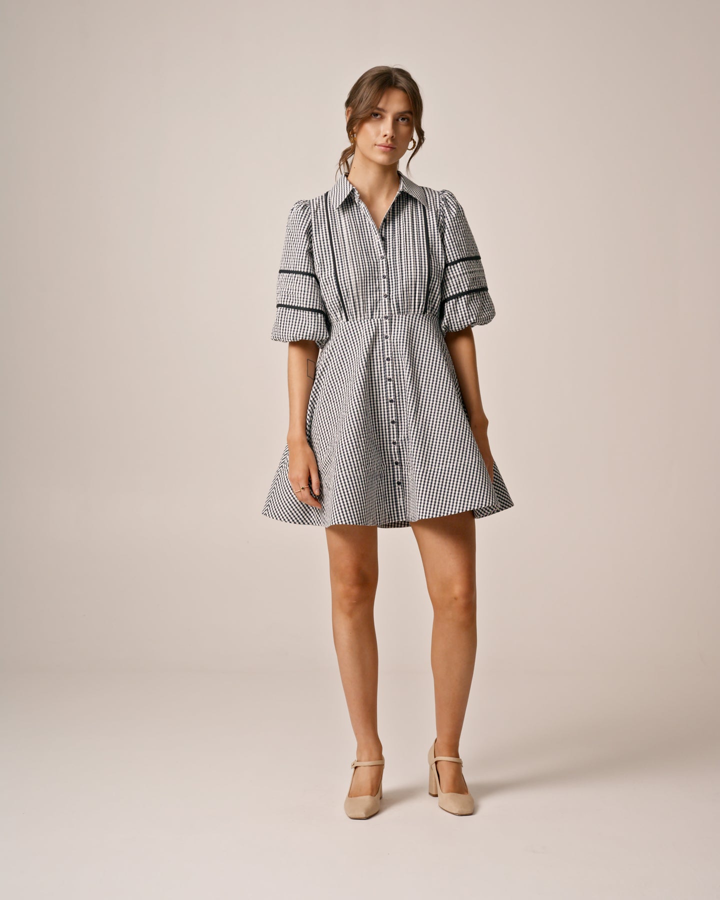 Seersucker Decorated Dress - Navy Checks