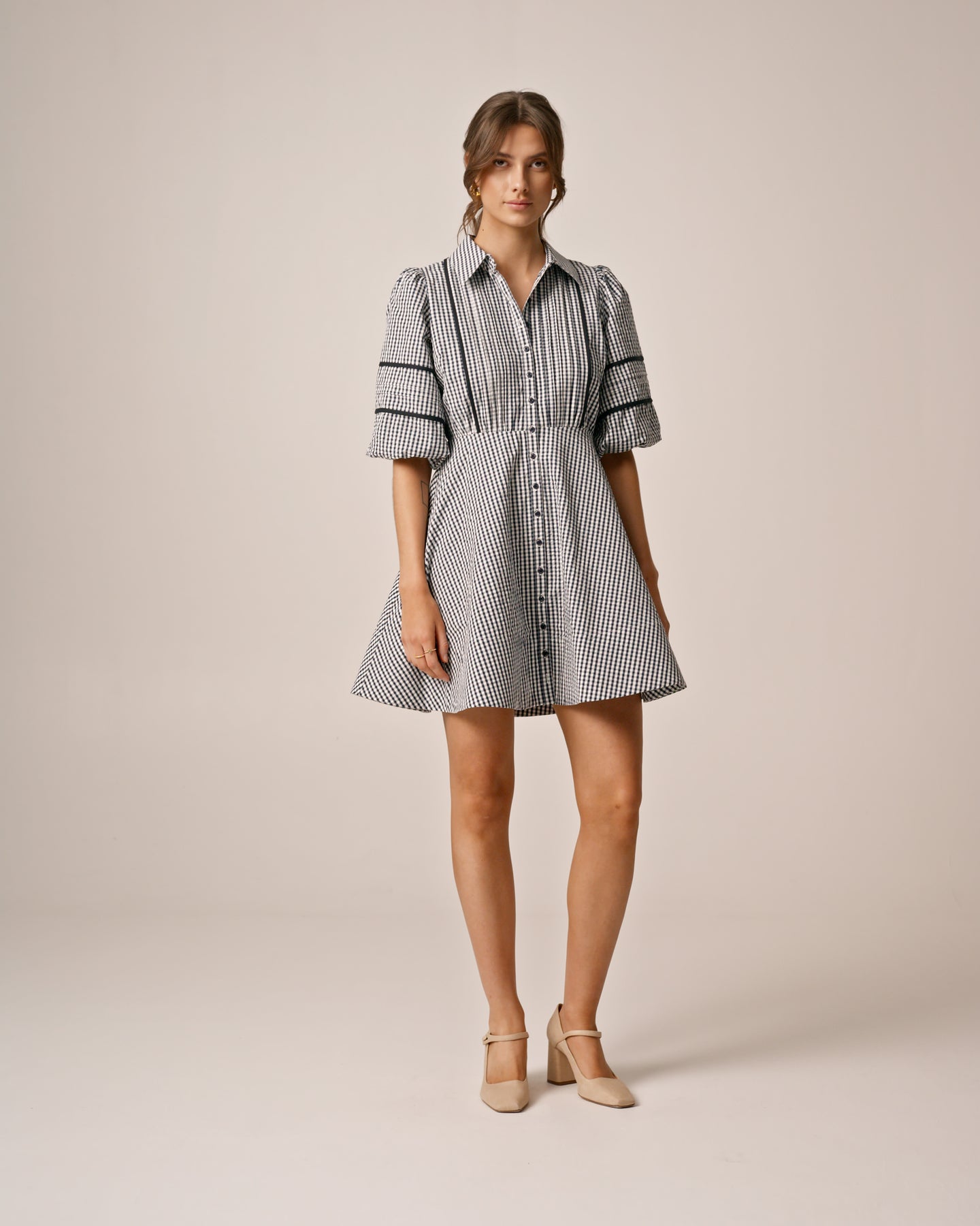 Seersucker Decorated Dress - Navy Checks