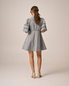 Seersucker Decorated Dress - Navy Checks
