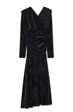 Velour Jersey Ruched Long  Dress - Black