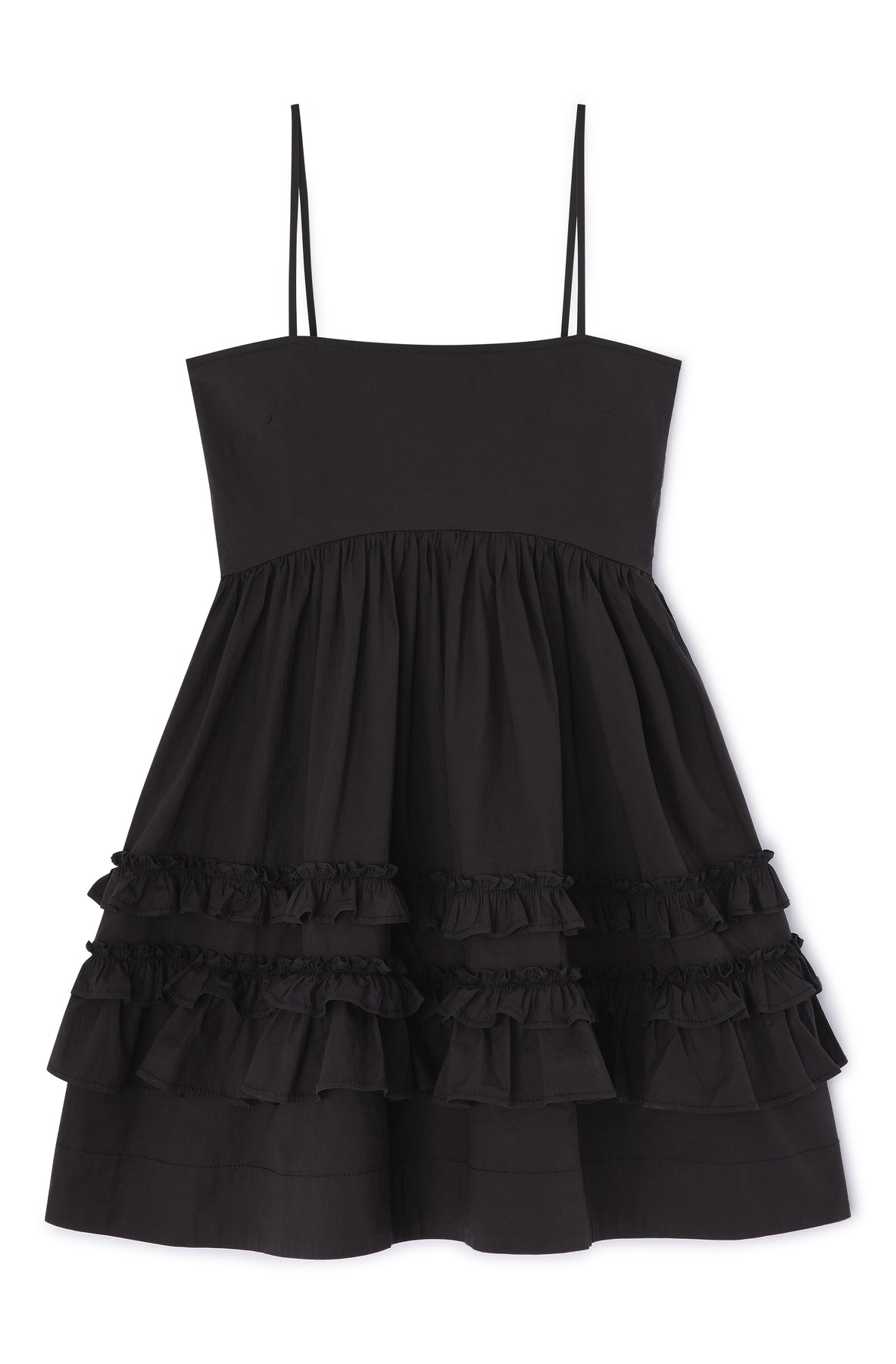 Stretch Cotton Mini Strap Dress W. Frills - Black